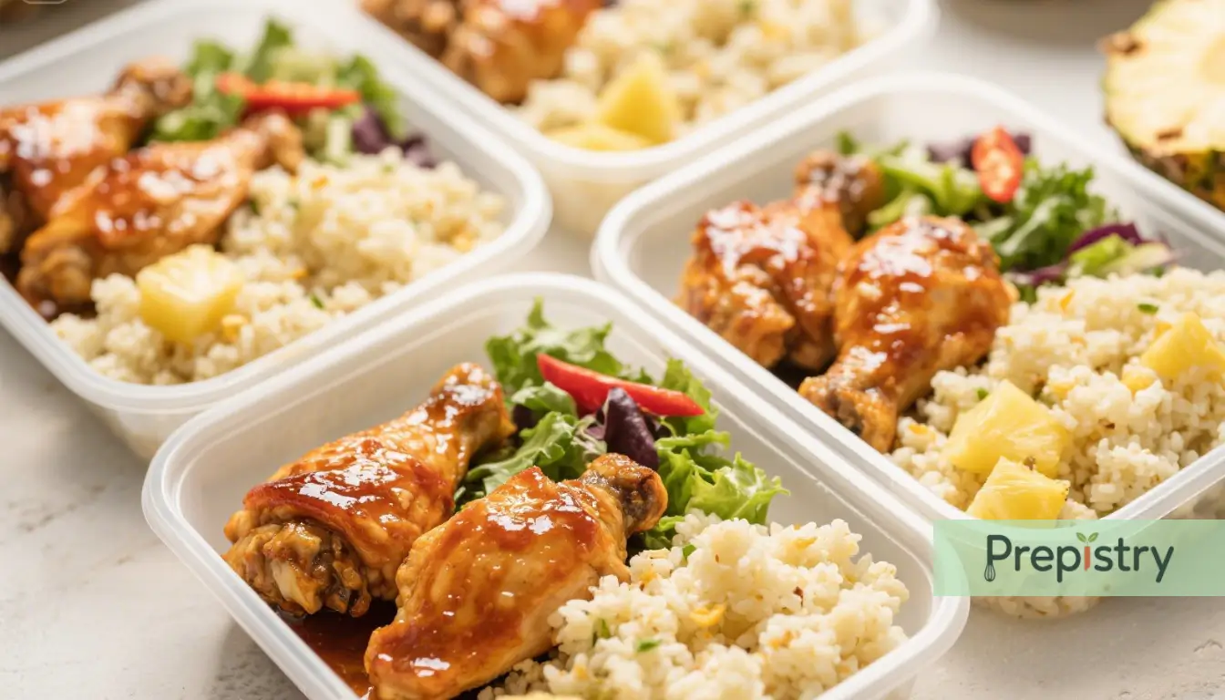 Spicy Pineapple Chicken Meal Prep Spicy pineapple glazed chicken, cauliflower rice, and fresh salad in meal prep containers.