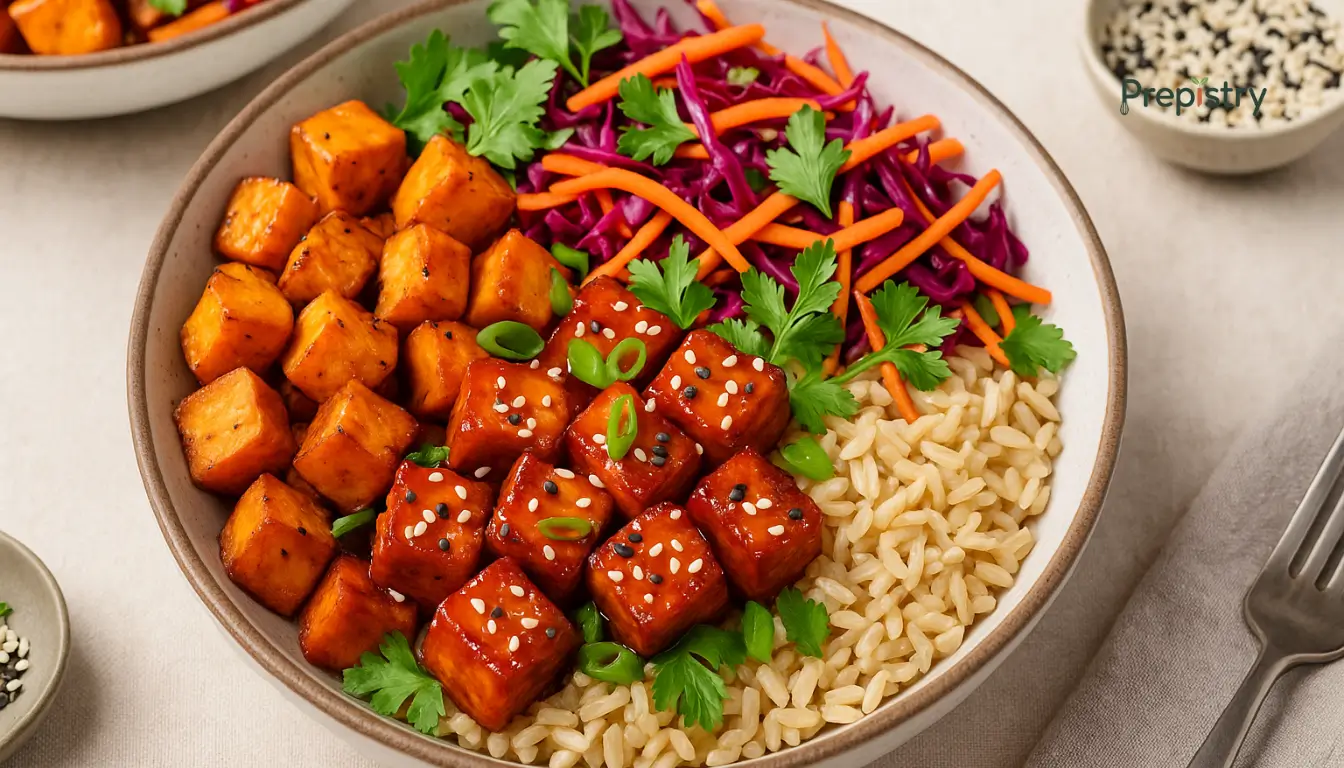 Spicy Pineapple Tofu Power Bowls Crispy tofu, pineapple, sweet potato, slaw, and rice arranged in a healthy lunch bowl