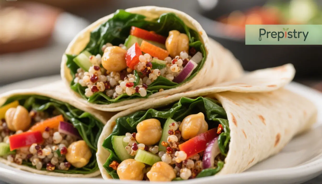 Spicy Sriracha Chickpea & Quinoa Power Wraps Healthy wrap with quinoa, chickpeas, and fresh veggies in a tortilla.