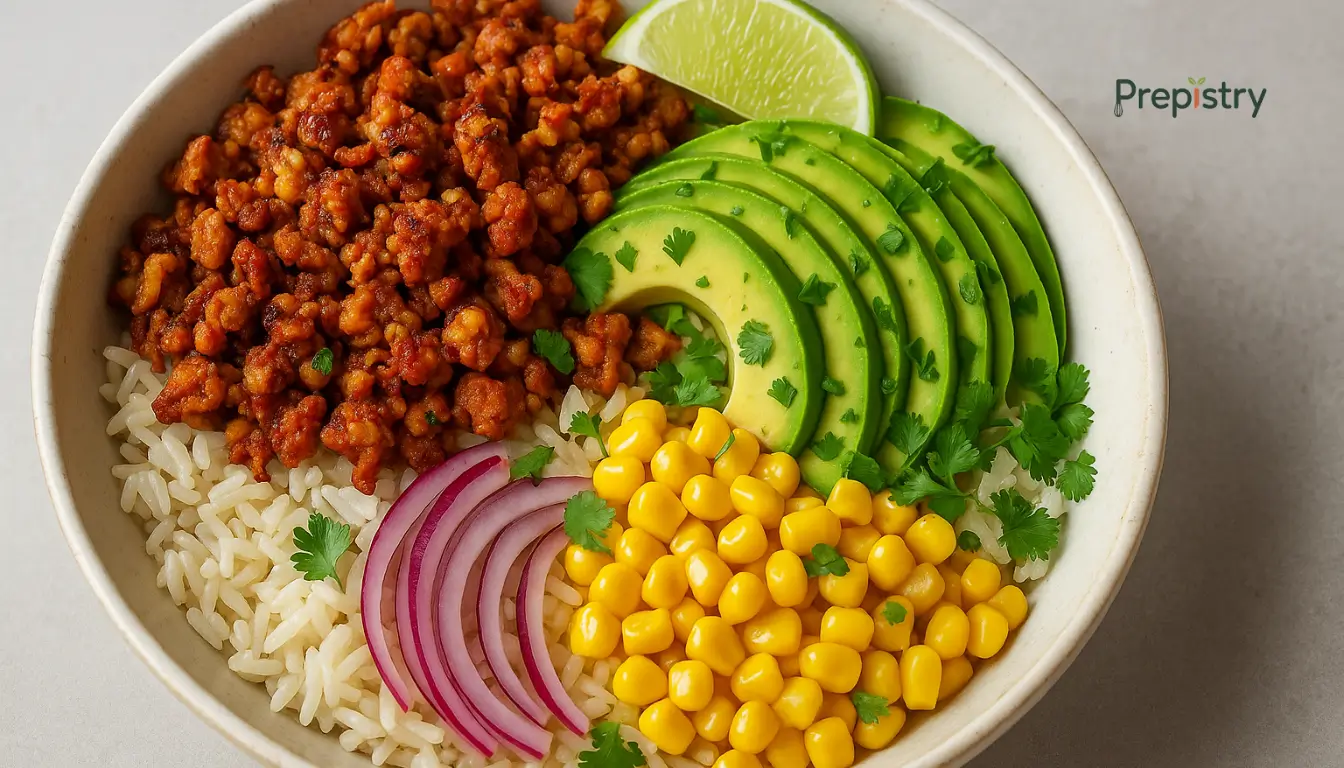 Spicy Tempeh and Avocado Rice Bowls Spicy tempeh and avocado rice bowl with corn, red onion, cilantro, and a lime wedge