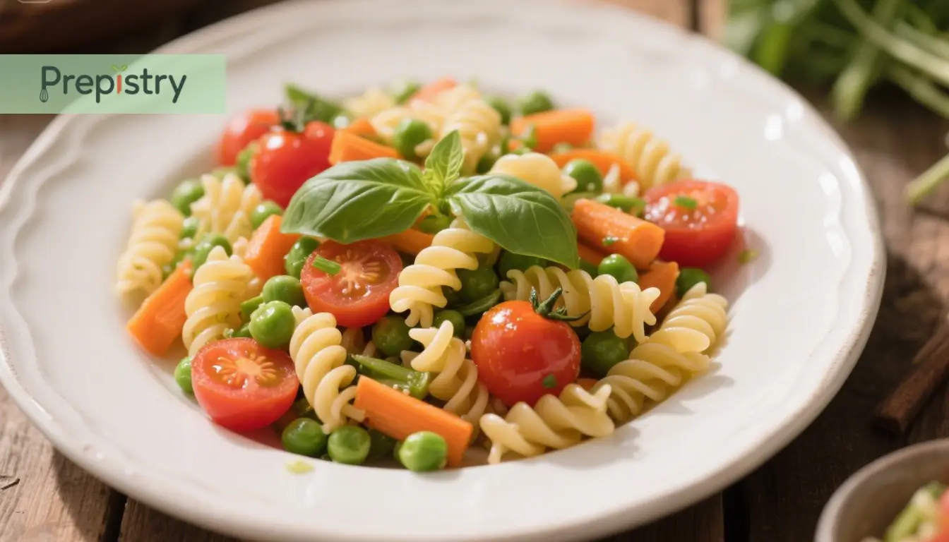 Spring Farmers Market Veggie Pasta Colorful veggie pasta with tomatoes, peas, carrots, and basil on a white plate.