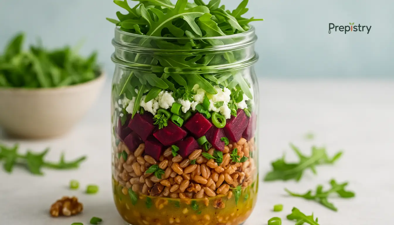 Spring Greens & Roasted Beet Grain Jars Mason jar layered with greens, roasted beets, farro, and goat cheese