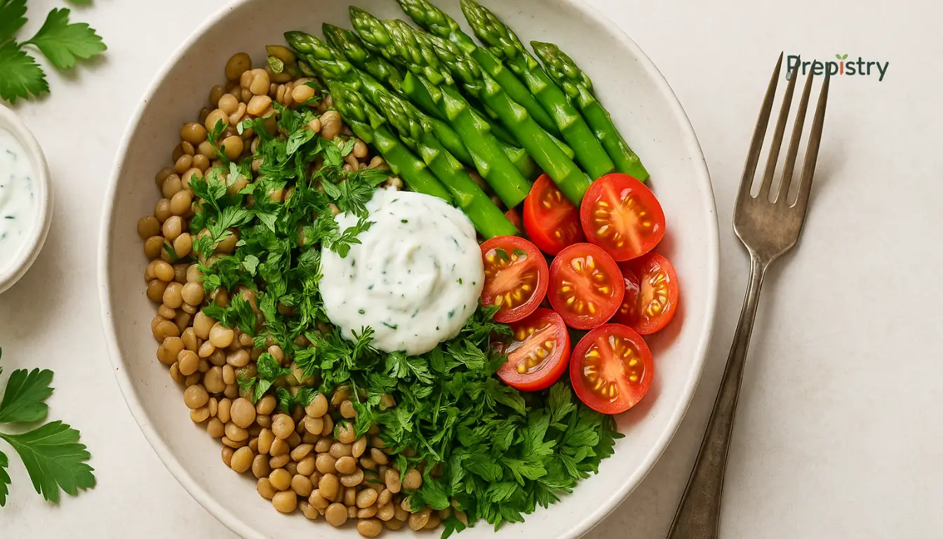 Spring Herbed Lentil & Asparagus Lunch Bowls Asparagus spring bowl with crisp greens and light lemon dressing