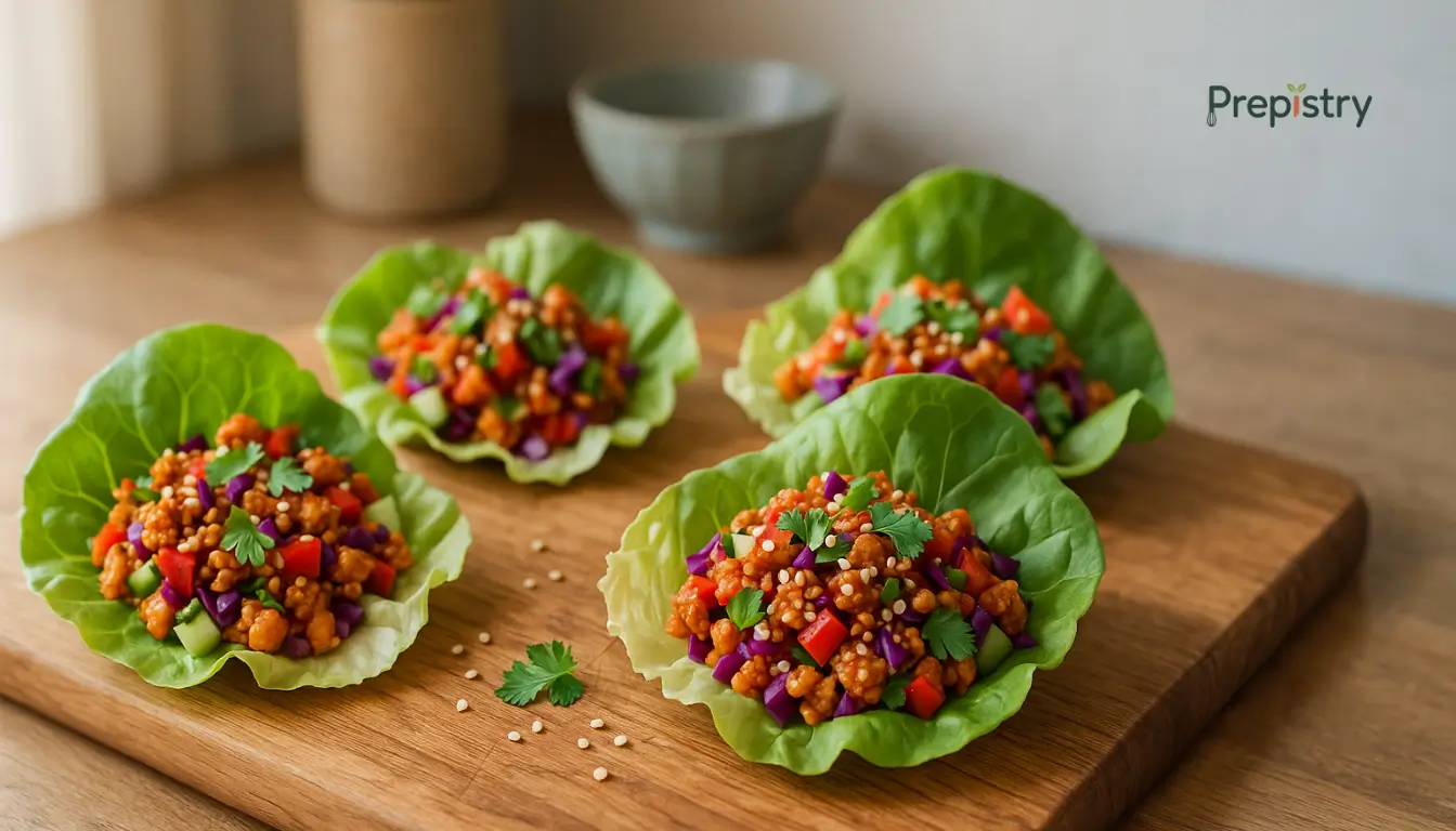 Sriracha Tempeh Crunch Lettuce Cups Spicy tempeh lettuce cups with crunchy vegetables and sesame seeds on a wooden board