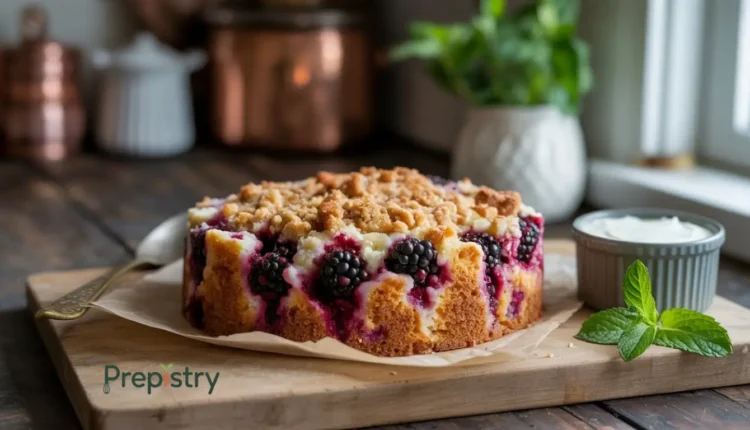 Served slice of blackberry streusel cake accompanied by a ramekin of yogurt and mint garnish.