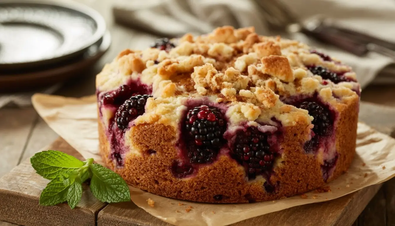 Streusel Topped Blackberry Breakfast Cake 2 Round blackberry cake dotted with plump berries and a generous layer of crumbly streusel.