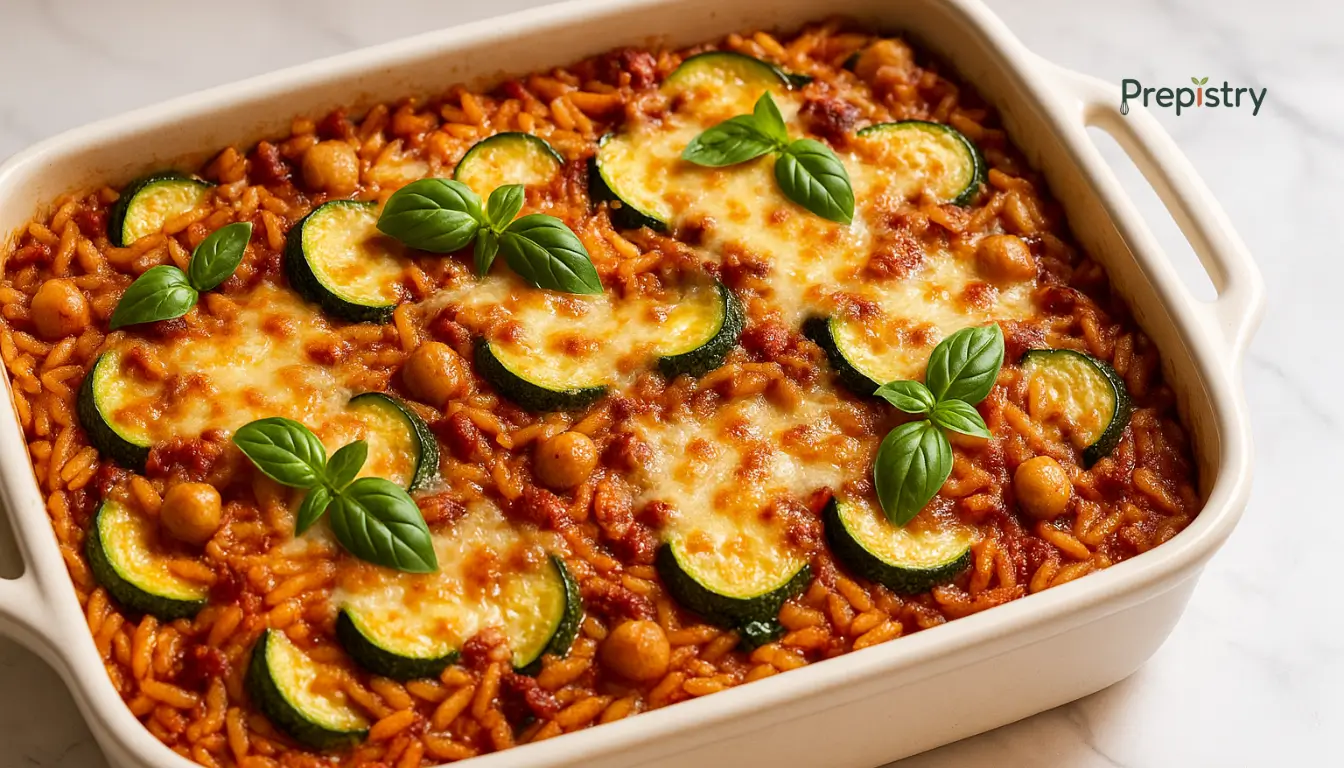 Sun-Dried Tomato Pesto Orzo Bake Baked orzo with sun-dried tomato pesto, zucchini, chickpeas, and melted cheese in a ceramic dish