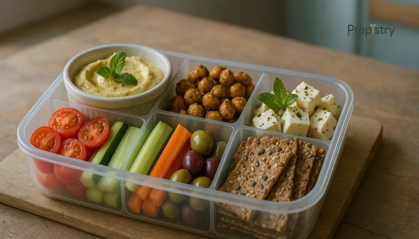 Sun-Kissed Mediterranean Mezze Protein Box Colorful mezze protein lunch box with hummus, chickpeas, veggies, crackers, and feta