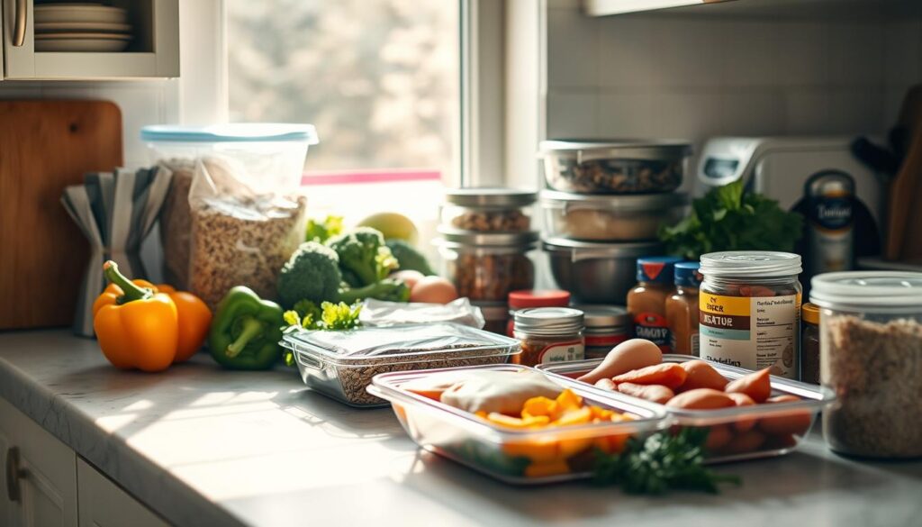 Sunlit kitchen counter with an array of meal prep ingredients neatly arranged: fresh produce like bell peppers, broccoli, and sweet potatoes, along with containers of whole grains, lean proteins such as chicken breasts and canned tuna, and an assortment of spices and seasonings. The scene is bathed in soft, natural lighting that accentuates the textures and colors, creating a calming, organized atmosphere that invites thoughtful planning for a stress-free week of wholesome lunches.