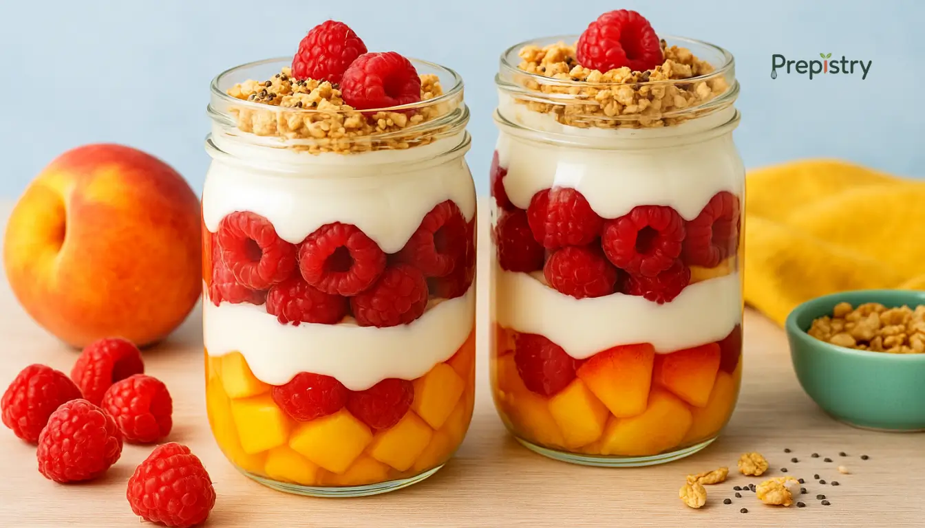 Sunset Peach & Yogurt Crunch Cups Layered peach and raspberry yogurt parfaits topped with granola in glass jars