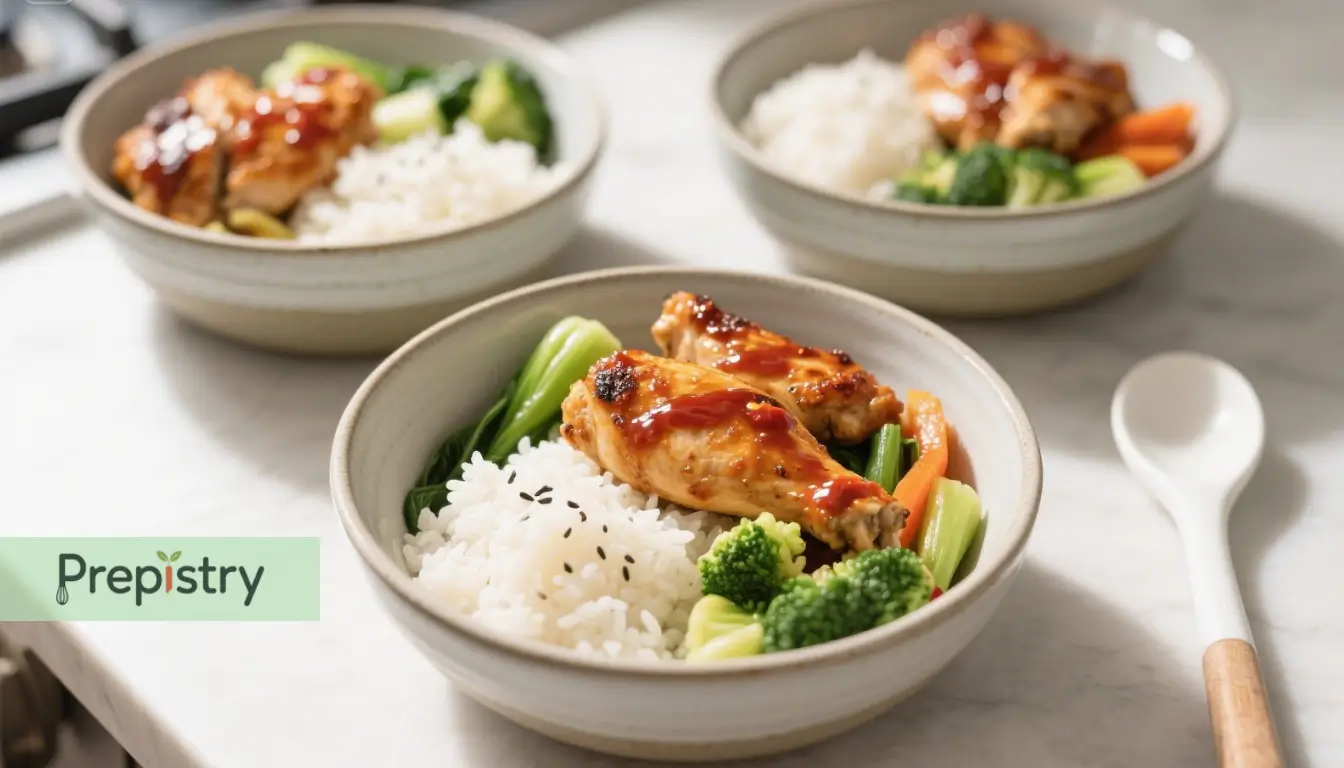 Sweet Chili Chicken Meal Prep Bowls Sweet Chili Chicken Meal Prep Bowls featuring grilled chicken, rice, and colorful steamed vegetables.