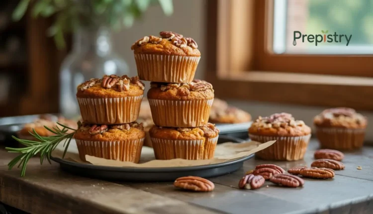 Sweet potato cinnamon muffins topped with pecan streusel and pecans on table.