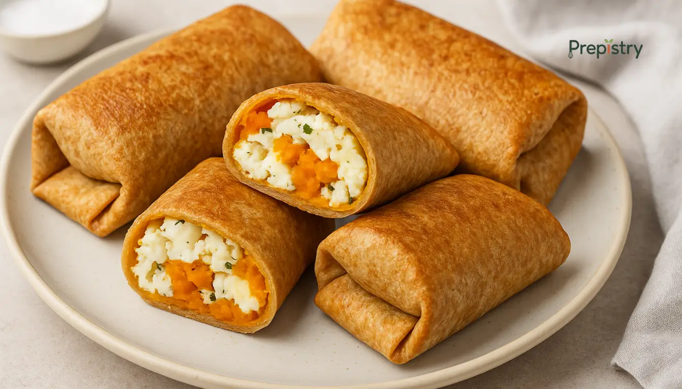 Sweet Potato Egg White Breakfast Pockets Golden-brown breakfast pockets filled with egg whites, sweet potato, and herbs on a plate