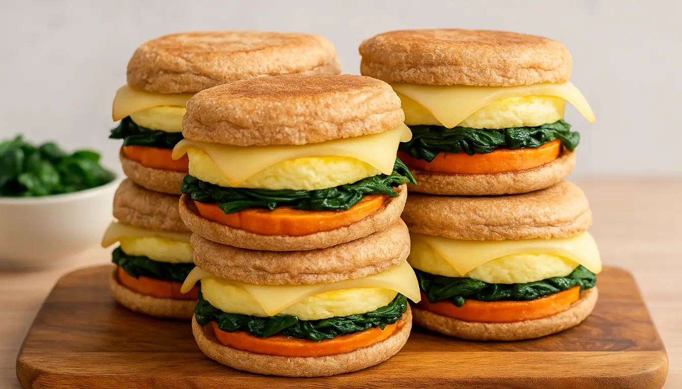 Sweet Potato, Spinach & Smoked Gouda Freezer Stacked breakfast sandwiches with egg, spinach, sweet potato, and smoked gouda on a wooden board
