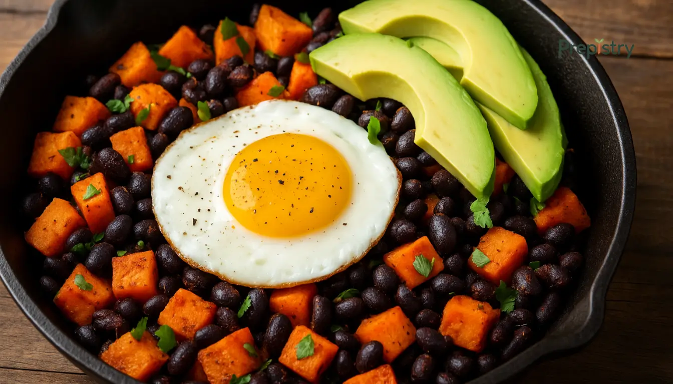 Sweet Potato and Black Bean Breakfast Skillet Breakfast skillet with sweet potatoes, black beans, avocado, and a fried egg