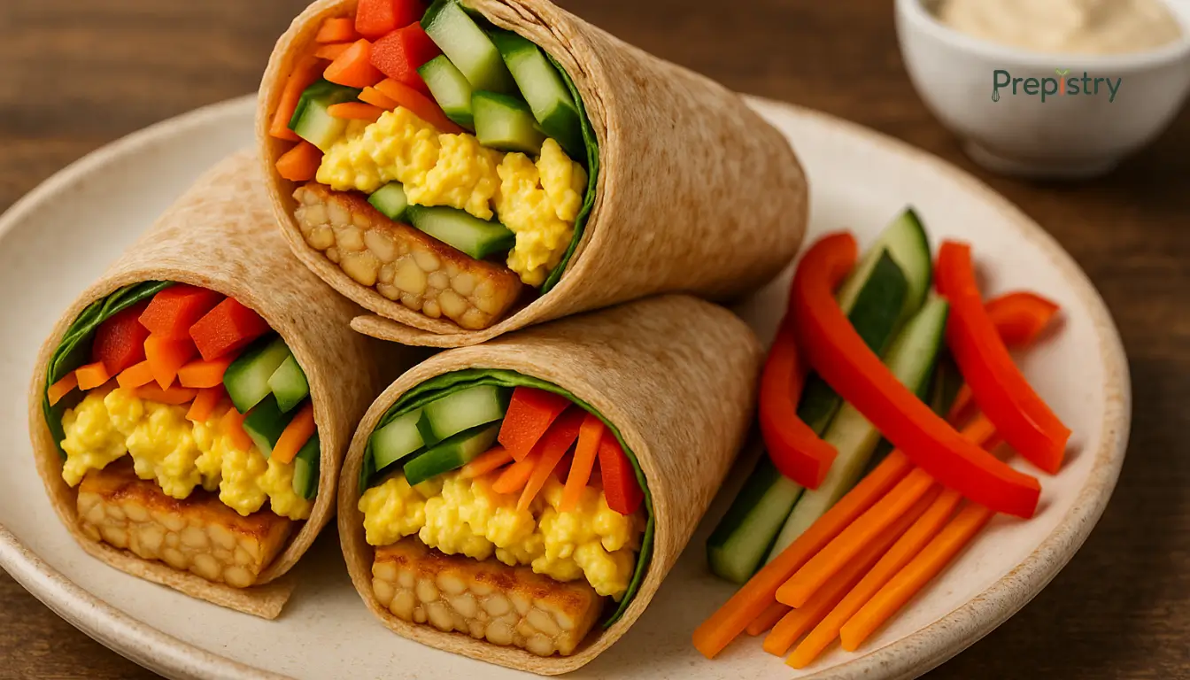 Tempeh & Egg Veggie Wraps Tempeh and scrambled egg veggie wraps with colorful fresh vegetables on a plate