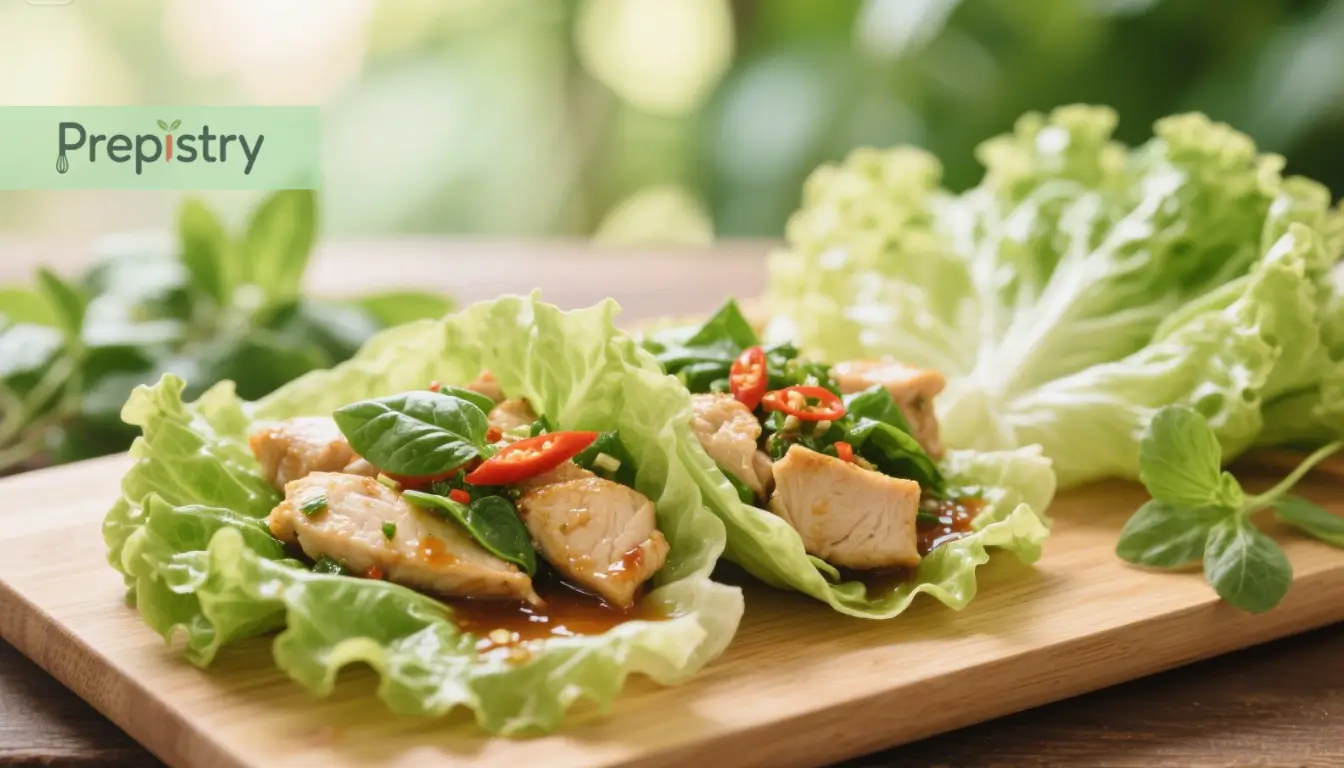 Thai Basil Chicken Lettuce Wraps Thai basil chicken served in lettuce wraps with chilies and fresh herbs for a healthy, flavorful meal.