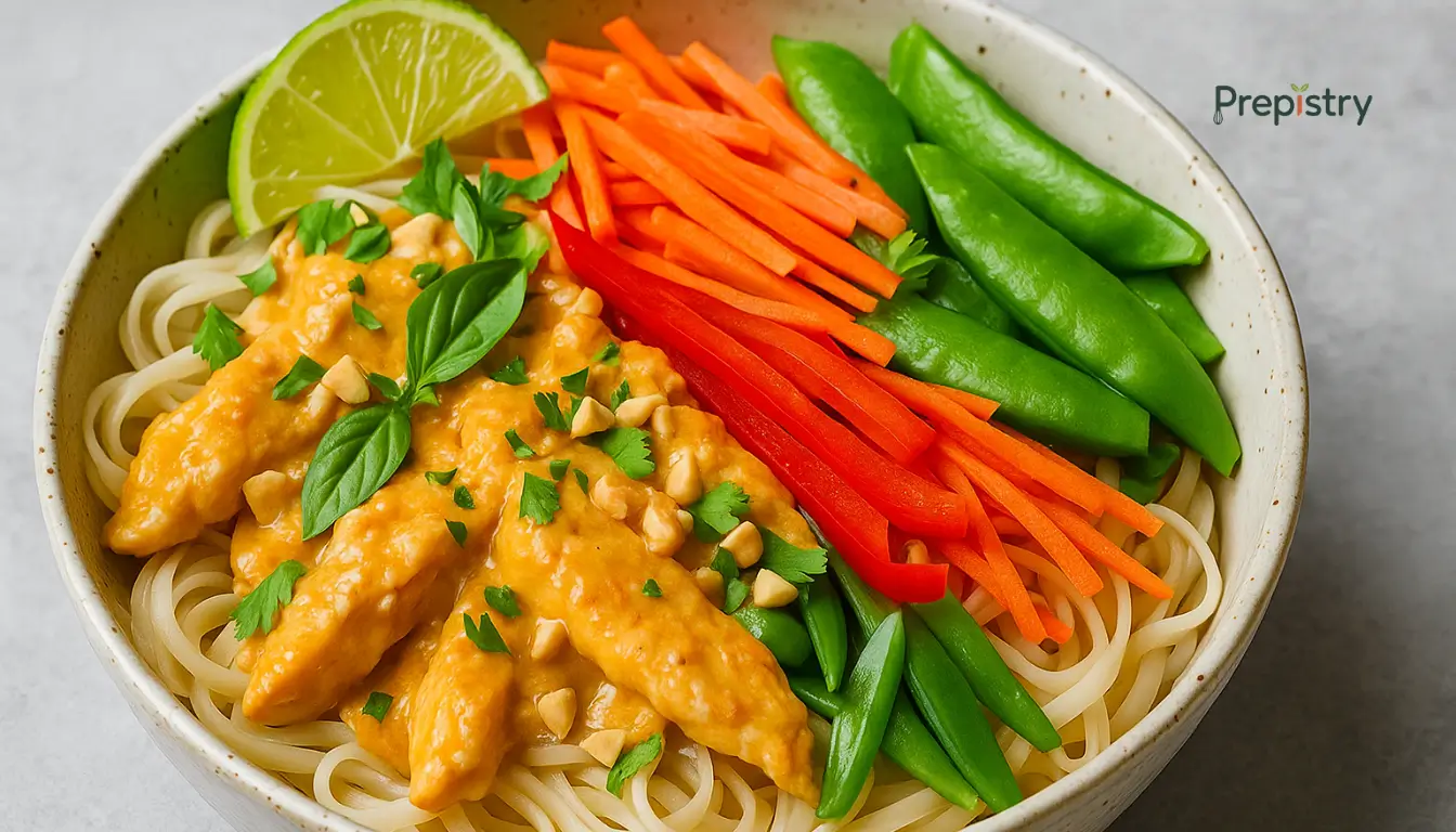 Thai-Inspired Coconut Chicken Noodle Bowl Thai coconut chicken noodle bowl with fresh veggies, herbs, and lime in a ceramic dish