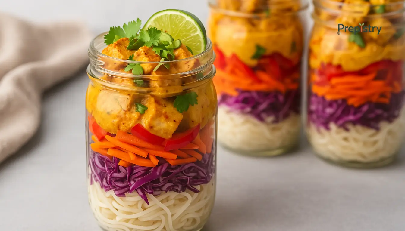 Thai-Inspired Coconut Tofu Noodle Jars Layered mason jar with rice noodles, curry tofu, carrots, red pepper, cabbage, and cilantro