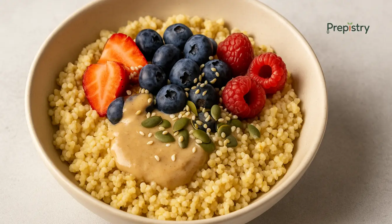 Millet breakfast bowl with fresh berries, tahini drizzle, and pumpkin seeds