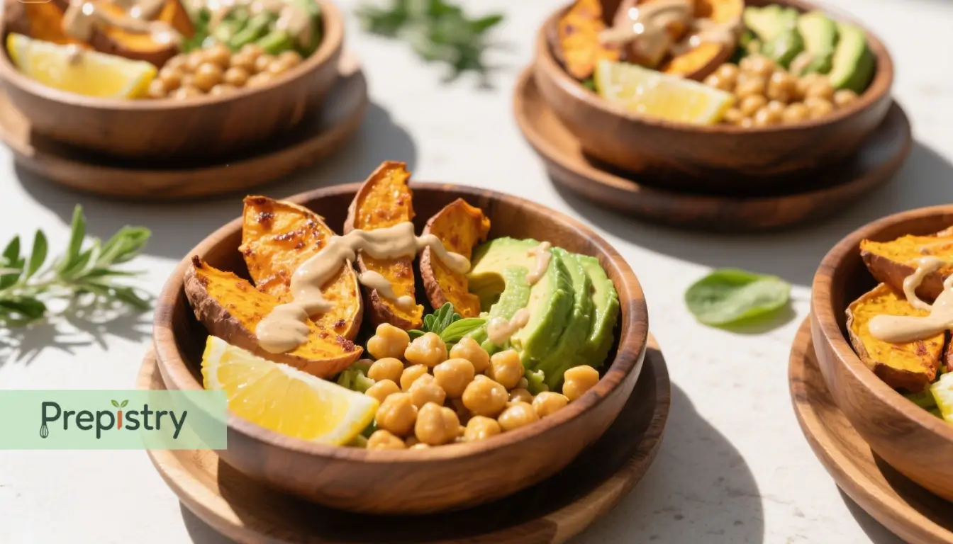 Turmeric Roasted Sweet Potato & Avocado A healthy grain bowl with roasted sweet potatoes, chickpeas, avocado slices, and a tahini drizzle.