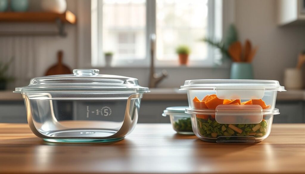 Two glass and two plastic meal prep containers sit side by side on a wooden kitchen counter. The glass containers have a sleek, modern design with clear lids, while the plastic ones have a more utilitarian appearance. Soft, natural lighting from a window behind the containers casts a warm glow, highlighting the textures and materials. The background features minimal decor with light blue accents, creating a clean, uncluttered atmosphere. The overall scene conveys a sense of organization and functionality, inviting the viewer to compare the practical qualities of these two container types.