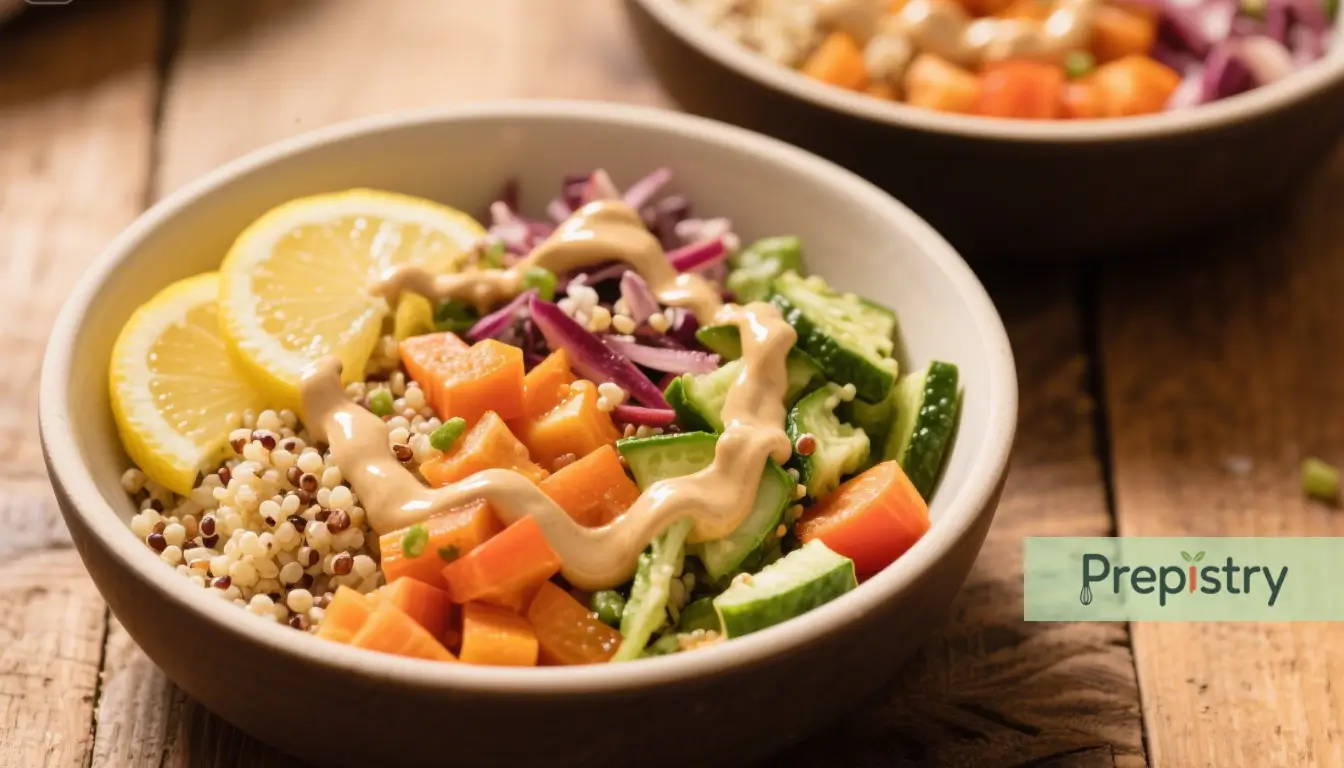 Vibrant Quinoa Power Bowl Lemon-Tahini Fresh quinoa bowl with carrots, cucumber, red cabbage, lemon, and tahini dressing.
