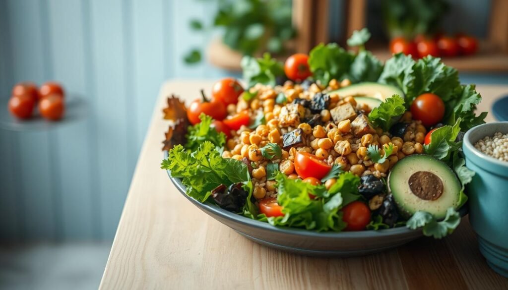 Vibrant and fresh salad ingredients artfully arranged on a wooden table with light blue accents, creating a cozy and minimalist kitchen scene. Assorted leafy greens, cherry tomatoes, roasted vegetables, grains, and a variety of proteins such as grilled tofu, crispy chickpeas, and avocado slices come together in a visually appealing and mouth-watering display. Soft, diffused lighting illuminates the scene, highlighting the textures and colors of the ingredients. The overall composition conveys a sense of balance, creativity, and healthy, satisfying meal options.