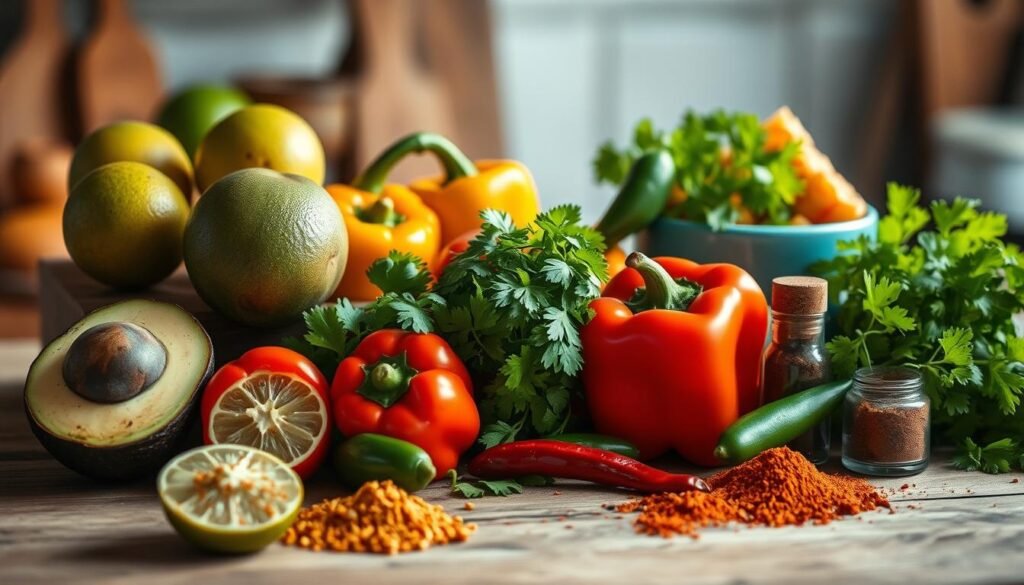 Vibrant assortment of Mexican meal prep ingredients artfully arranged on a wooden kitchen counter, bathed in warm, soft lighting. Ripe avocados, juicy limes, vibrant bell peppers, fresh cilantro, spicy jalapeños, and fragrant spices such as cumin and chili powder. Earthy tones complemented by light blue accents, creating a rustic, authentic atmosphere. The composition emphasizes the freshness and versatility of these key components, inviting the viewer to imagine the delicious, homemade Mexican dishes that can be crafted from this simple yet flavorful selection.