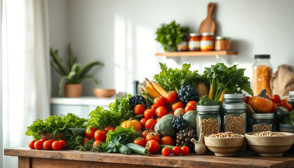 Vibrant assortment of fresh produce, crisp greens, juicy tomatoes, and crunchy veggies artfully arranged on a rustic wooden table. Complemented by an array of pantry staples - jars of aromatic spices, cans of beans, and whole grains in earthenware bowls. The scene is bathed in soft, natural light filtering through sheer curtains, casting a warm, inviting glow. A minimal, soothing palette of light blues and natural wood tones creates a calming, organized atmosphere, perfect for effortless meal prep.