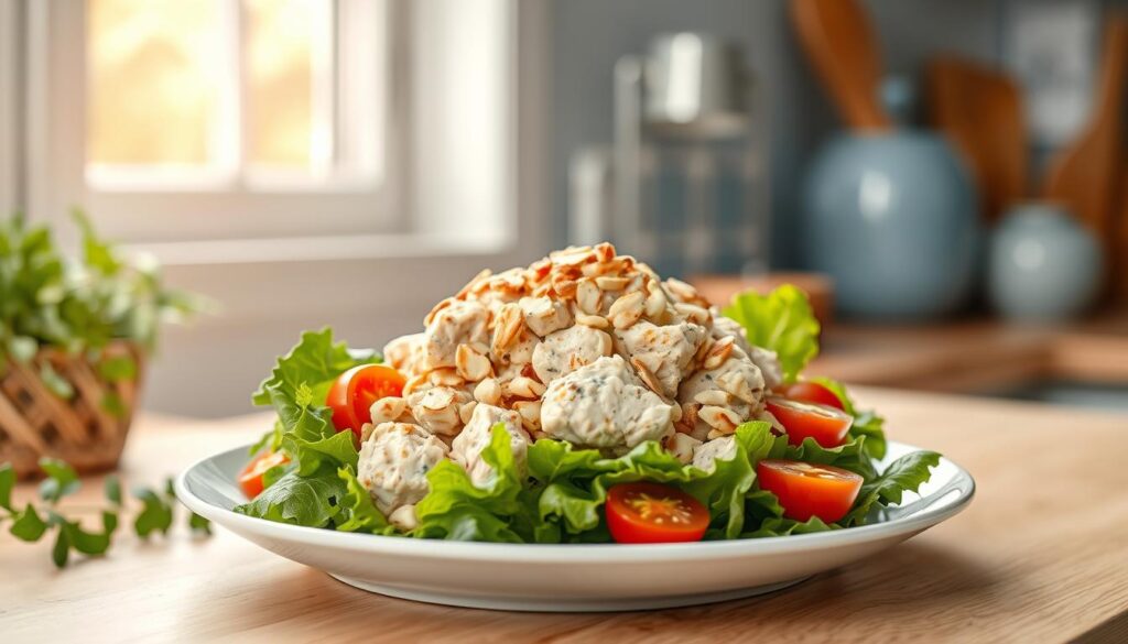 Vibrant chicken salad nestled on a bed of crisp greens, garnished with juicy cherry tomatoes, crunchy cucumber slices, and a scattering of toasted almond slivers. The salad is arranged on a white ceramic plate, set against a backdrop of warm, natural wooden textures and light blue accents. Soft, natural lighting filters through the kitchen window, casting a subtle glow over the scene. The overall mood is fresh, healthy, and inviting, perfectly capturing the essence of a nourishing, weight-loss-friendly cold lunch.