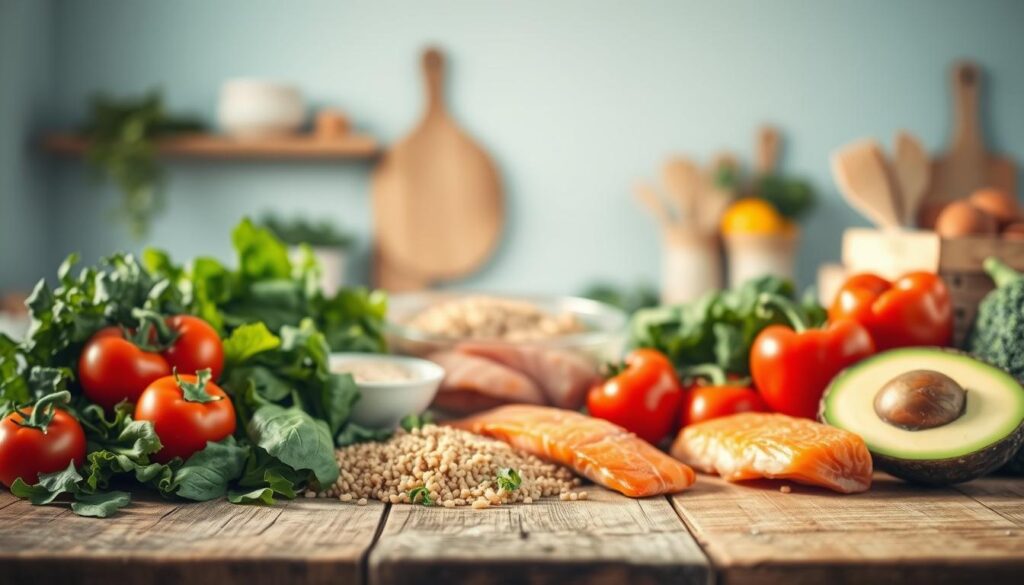 Visually appealing array of heart-healthy dinner ingredients arranged on a rustic wooden table. In the foreground, a variety of fresh vegetables including tomatoes, leafy greens, bell peppers, and avocado, all bathed in a soft, natural light. In the middle ground, whole grains such as quinoa and brown rice, complemented by lean protein sources like salmon and chicken breast. The background features a minimal, light blue-toned kitchen with subtle wooden accents, creating a calming, inviting atmosphere. The overall composition conveys the idea of a nutritious, balanced meal that nourishes both the body and the soul.