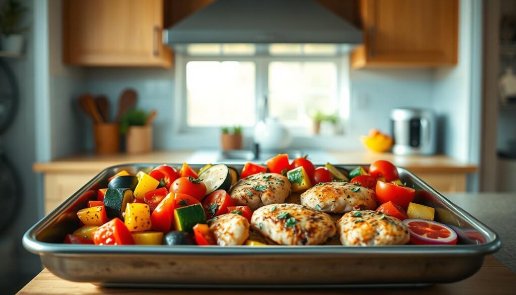 Vivid Mediterranean flavors come alive in a sun-drenched sheet pan, showcasing an array of roasted vegetables - ripe tomatoes, zucchini, bell peppers, and red onions. Tender chicken thighs sizzle alongside, infusing the dish with aromatic herbs and spices. The minimal kitchen, with its warm wooden textures and light blue accents, creates a cozy, inviting atmosphere, allowing the vibrant colors and flavors to take center stage. Soft, indirect lighting casts a gentle glow, accentuating the rustic, homemade appeal of this nourishing, one-pan wonder.