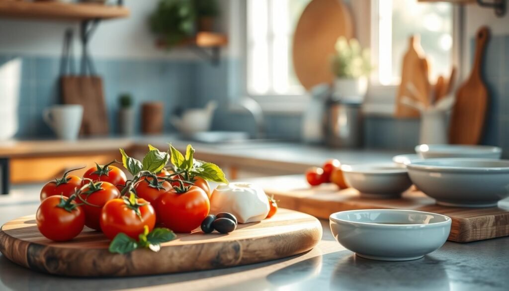 Warm sunlight filters through a cozy, minimal kitchen with wooden textures and light blue accents. On the countertop, a selection of fresh ingredients for an authentic Italian Mediterranean meal prep: vibrant tomatoes, fragrant basil, briny olives, creamy mozzarella, and a drizzle of rich olive oil. Rustic wooden cutting boards and minimalist ceramic dishes set the scene, evoking the relaxed, convivial atmosphere of a Mediterranean kitchen. The image invites the viewer to imagine preparing a nourishing, flavorful dinner, inspired by the rich culinary traditions of Italy and the Mediterranean region.