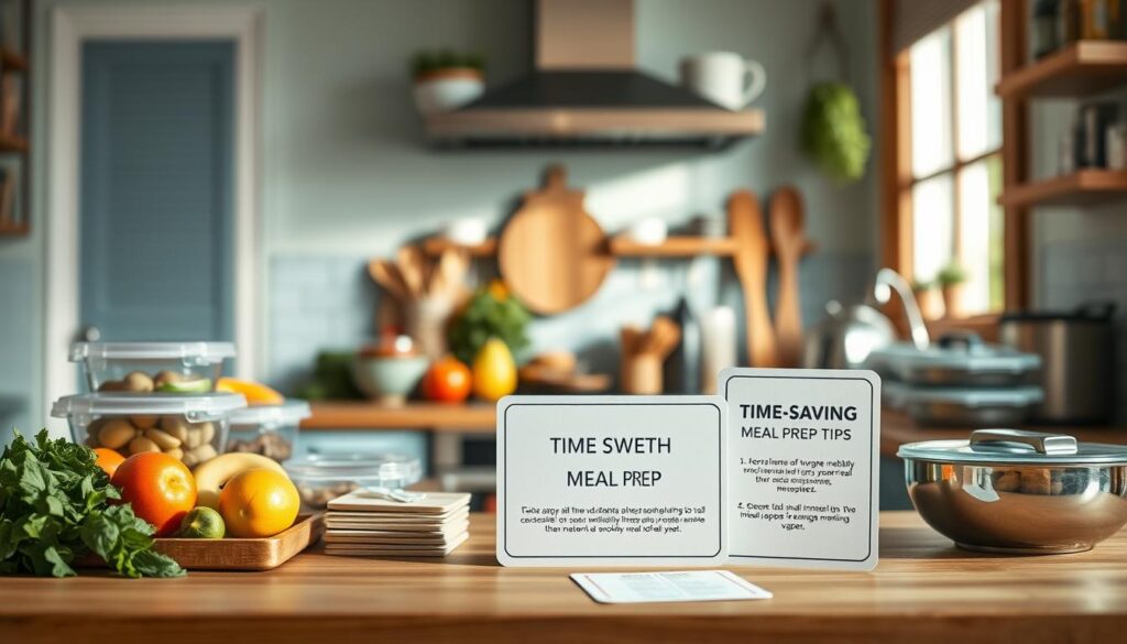 Warm, well-lit kitchen filled with wooden accents and light blue hues. On the countertop, an array of meal prep containers, fresh produce, and cooking tools arranged in an organized display. In the foreground, a set of laminated cards showcasing time-saving meal prep tips, their contents legible but not specifically readable. The atmosphere is one of efficiency and practical innovation, inviting the viewer to envision their own weekly meal planning routine.