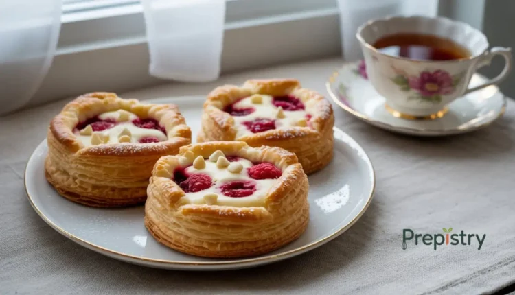 Three white chocolate raspberry pastries on a plate with tea and fresh raspberries.