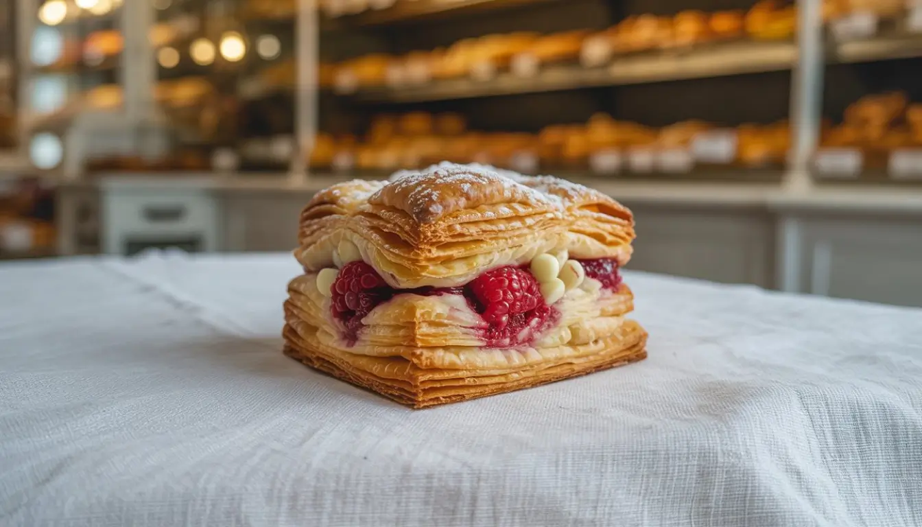 White Chocolate Raspberry Breakfast Pastry 2 Raspberry puff pastry with white chocolate chips, dusted with powdered sugar.