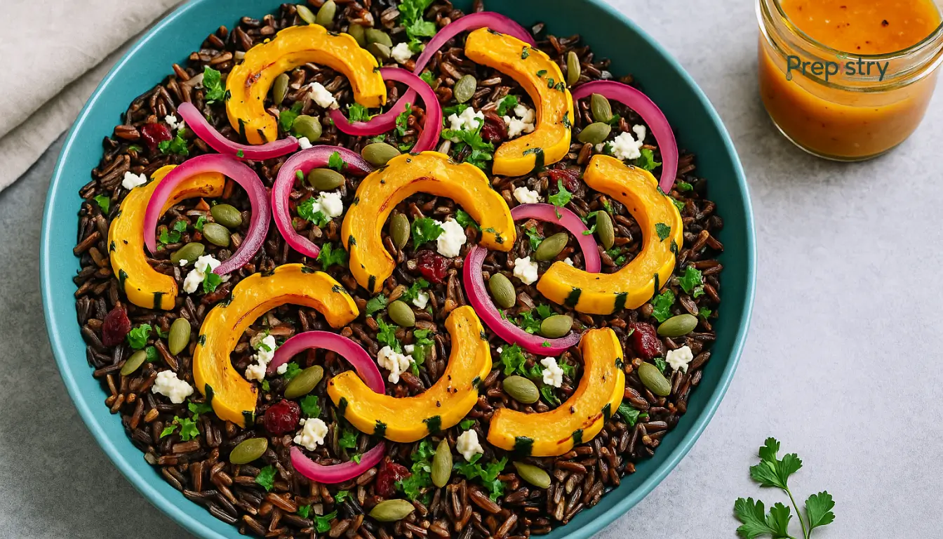 Wild Rice Salad with Roasted Delicata Wild rice salad with delicata squash, pickled onions, pepitas, and herbs in a turquoise bowl