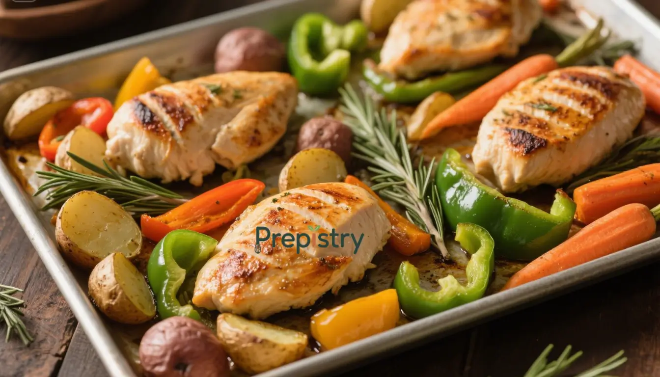Yogurt-Dijon Sheet Pan Chicken Veggie Roast A single tray of golden chicken breasts, rosemary, cherry tomatoes, zucchini, carrots and halved potatoes roasting.
