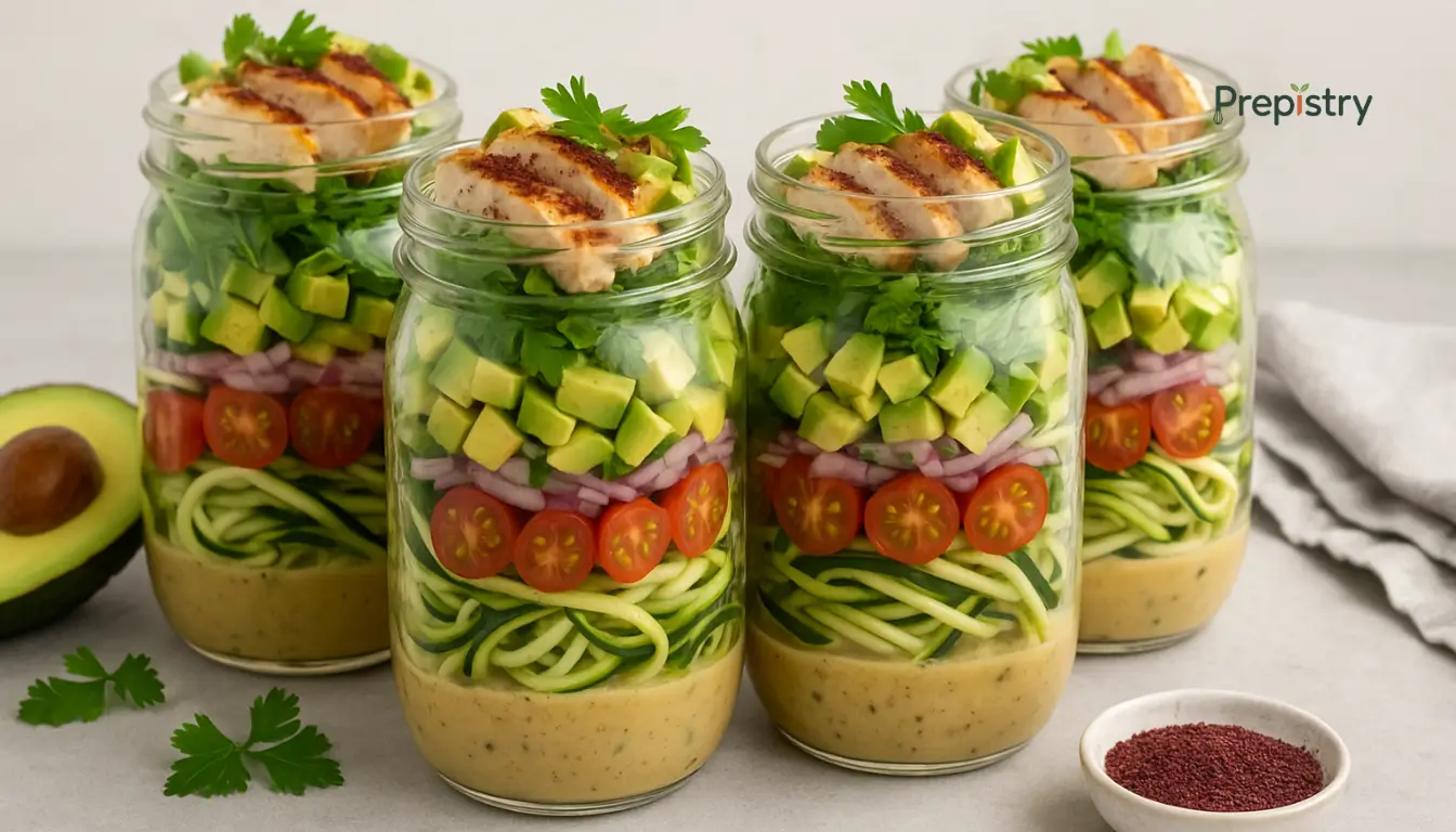 Zesty Chicken Zoodle Salad Jars Layered chicken zoodle salad jars with avocado, tomatoes, and lemon dressing