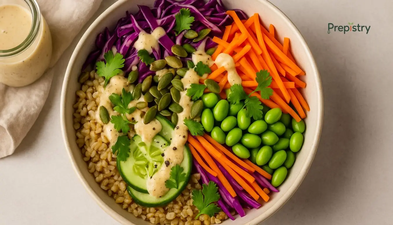 Zesty Freekeh and Edamame Crunch Bowl A colorful grain bowl with freekeh, edamame, carrots, cabbage, cucumbers, and dressing