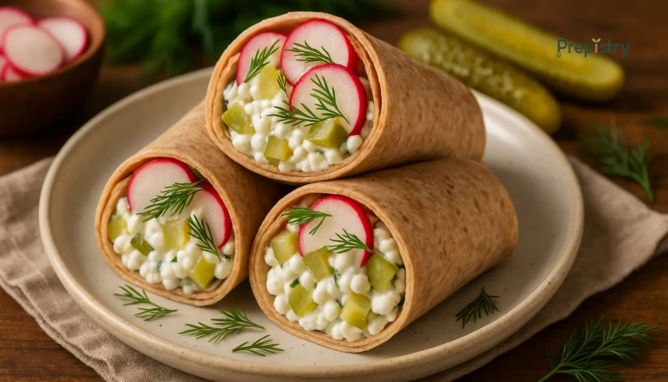 Zesty Pickle Cottage Cheese Salad Wraps Whole grain wraps filled with cottage cheese, pickles, and radish slices on a white plate