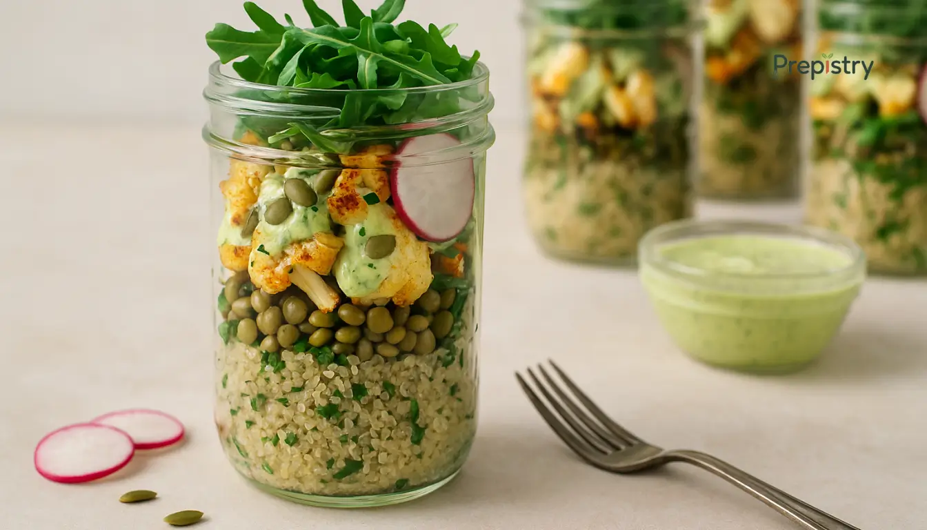 Zesty Roasted Cauliflower & Lentil Lunch Jars Layered lunch jar with quinoa, lentils, roasted cauliflower, greens, and tahini drizzle
