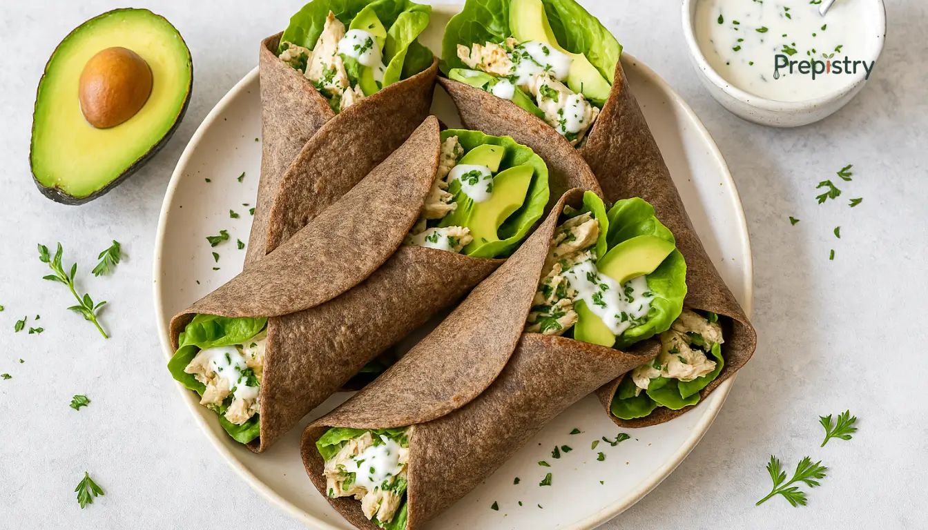 Zingy Herbed Chicken & Avocado Buckwheat Wraps Buckwheat wraps filled with herbed chicken, avocado slices, and yogurt sauce on a white plate