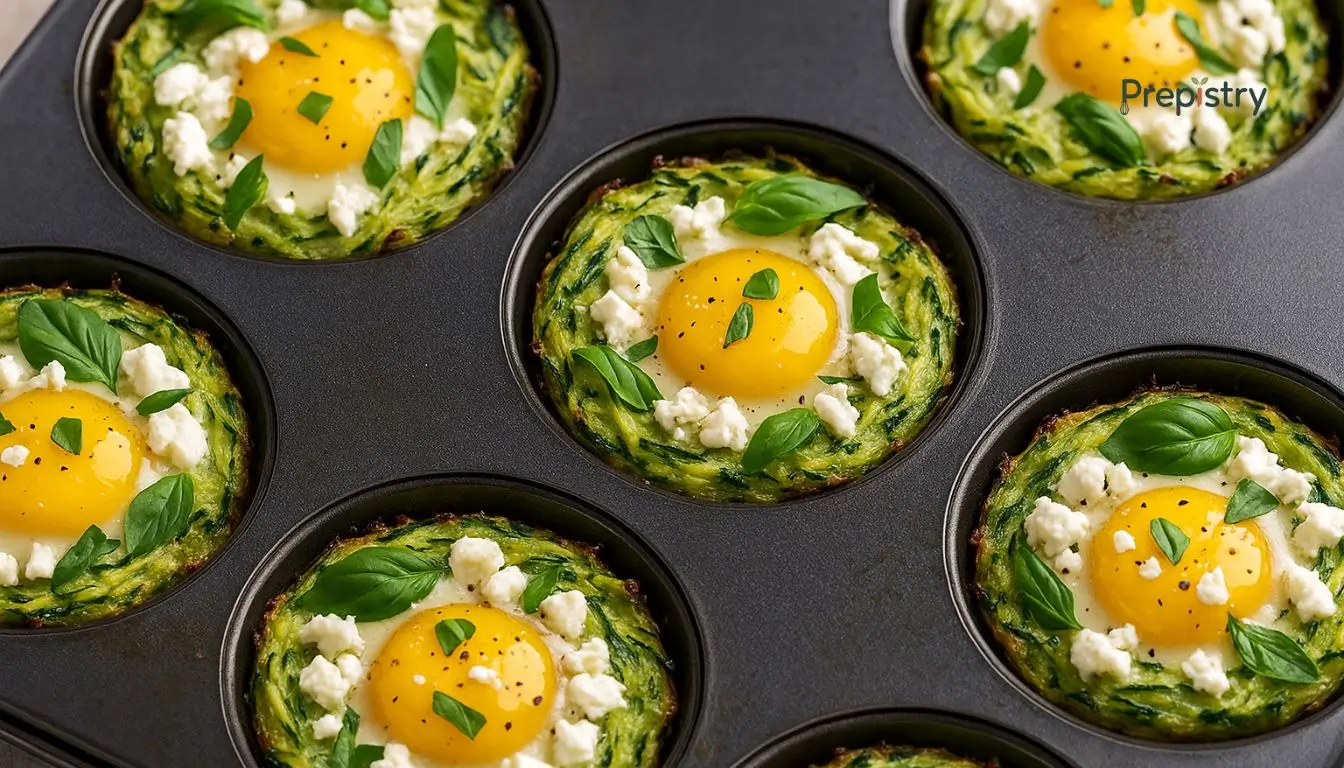 Zucchini & Basil Egg Nests with Goat Cheese Zucchini egg nests with goat cheese and basil baked in a muffin tin