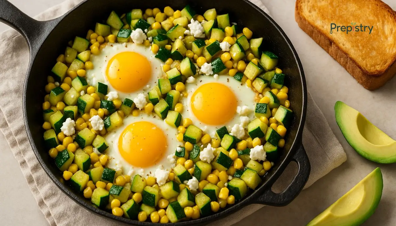 Zucchini Corn Egg Skillet with Feta Skillet with eggs, diced zucchini, corn, and crumbled feta on a beige linen cloth