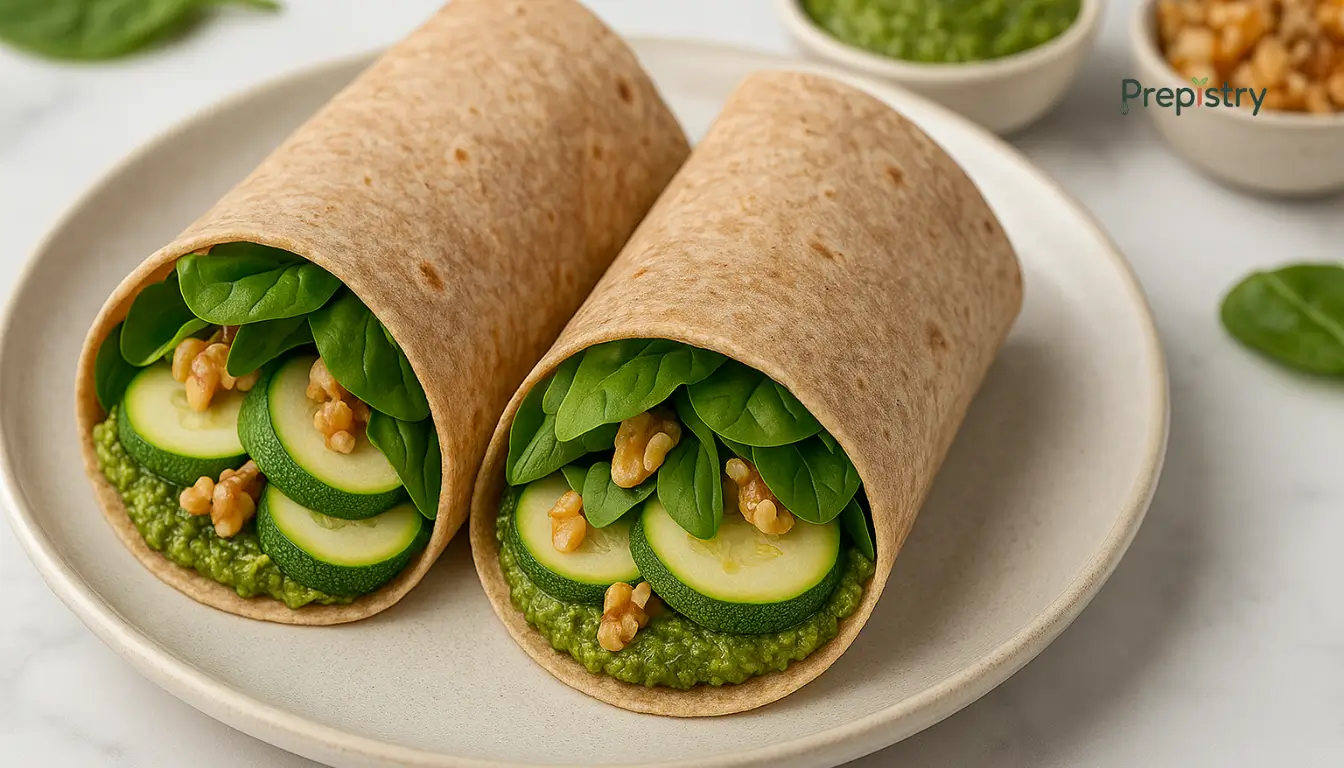 Zucchini Walnut Pesto Grain Wraps Close-up of two wraps filled with spinach, zucchini, walnuts, and green pesto on a ceramic plate