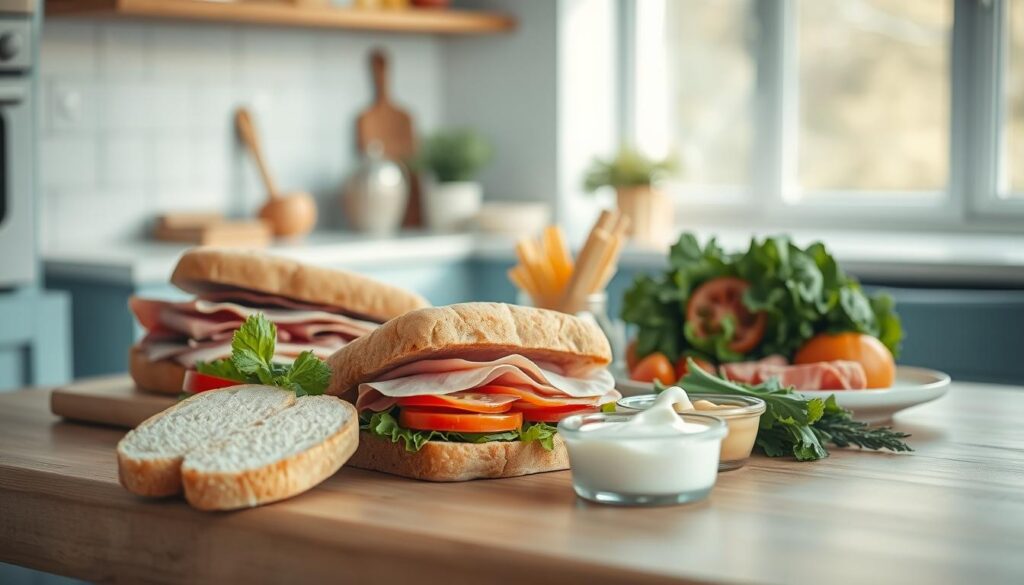 a beautifully lit, minimalist kitchen scene with a wooden table and light blue accents, featuring an artfully arranged selection of simple yet delicious cold sandwich ingredients - fresh bread, deli meats, crisp vegetables, and creamy condiments. The ingredients are carefully displayed in the foreground, creating a mouthwatering and inviting composition. The middle ground showcases a few basic sandwich assembly tools, while the background gently fades into a soft, natural environment, allowing the focus to remain on the enticing cold sandwich recipes.
