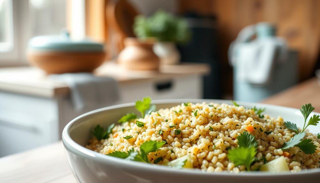 a close-up shot of a quinoa salad in a white ceramic bowl, the quinoa grains glistening with a light vinaigrette dressing, surrounded by fresh herbs like parsley and mint, with a soft, blurred background of a cozy, minimal kitchen with wooden textures and light blue accents, the lighting warm and diffused, creating a soothing, appetizing atmosphere