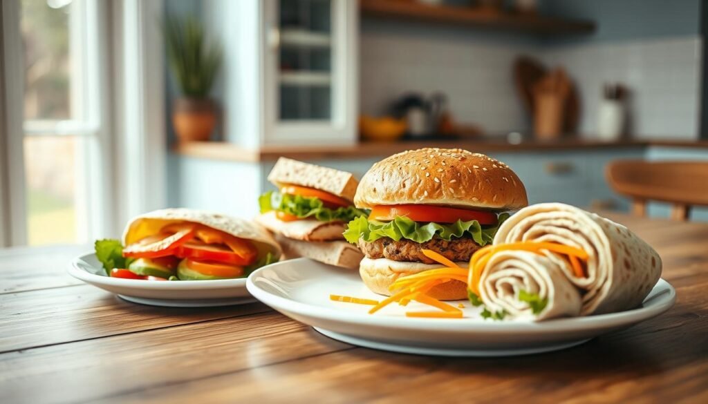 a close-up shot of a wooden table in a minimal, cozy kitchen with light blue accents, showcasing a variety of allergen-free sandwich variations on a white plate - a colorful vegetable wrap with roasted peppers and hummus, a gluten-free bread sandwich stuffed with grilled chicken and avocado, a bun-less burger with a quinoa and black bean patty, and a tortilla pinwheel filled with turkey, cheese, and shredded carrots, all arranged artfully with natural lighting illuminating the scene